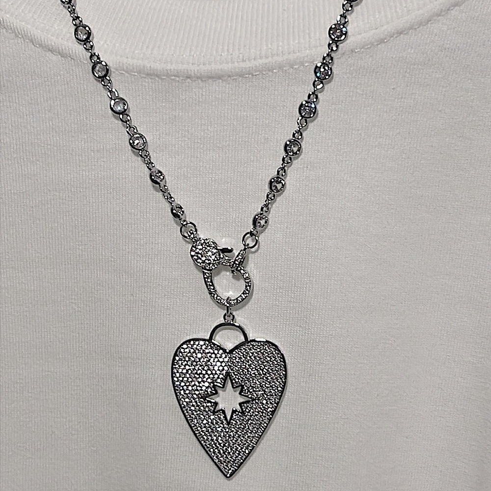 "Diamonds by the Yard" Silver Necklace w/Removable Pave Crystal Heart Pendant